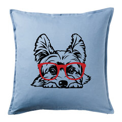 Originali dekoratyvinė pagalvė „Jorkšyro terjeras su akiniais su akiniais“, mėlyna, 50 x 50 cm kaina ir informacija | Dekoratyvinės pagalvėlės ir užvalkalai | pigu.lt