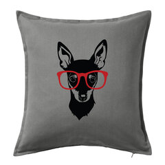 Dekoratyvinė pagalvėlė „Nykštukinis pinčeris su akiniais“, pilka 50 x 50 cm kaina ir informacija | Dekoratyvinės pagalvėlės ir užvalkalai | pigu.lt