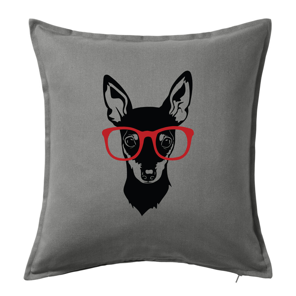 Dekoratyvinė pagalvėlė „Nykštukinis pinčeris su akiniais“, pilka 50 x 50 cm цена и информация | Dekoratyvinės pagalvėlės ir užvalkalai | pigu.lt