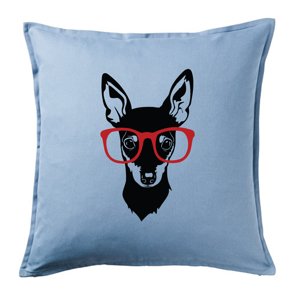 Originali dekoratyvinė pagalvė „Nykštukinis pinčeris su akiniais su akiniais“, mėlyna, 50 x 50 cm kaina ir informacija | Dekoratyvinės pagalvėlės ir užvalkalai | pigu.lt