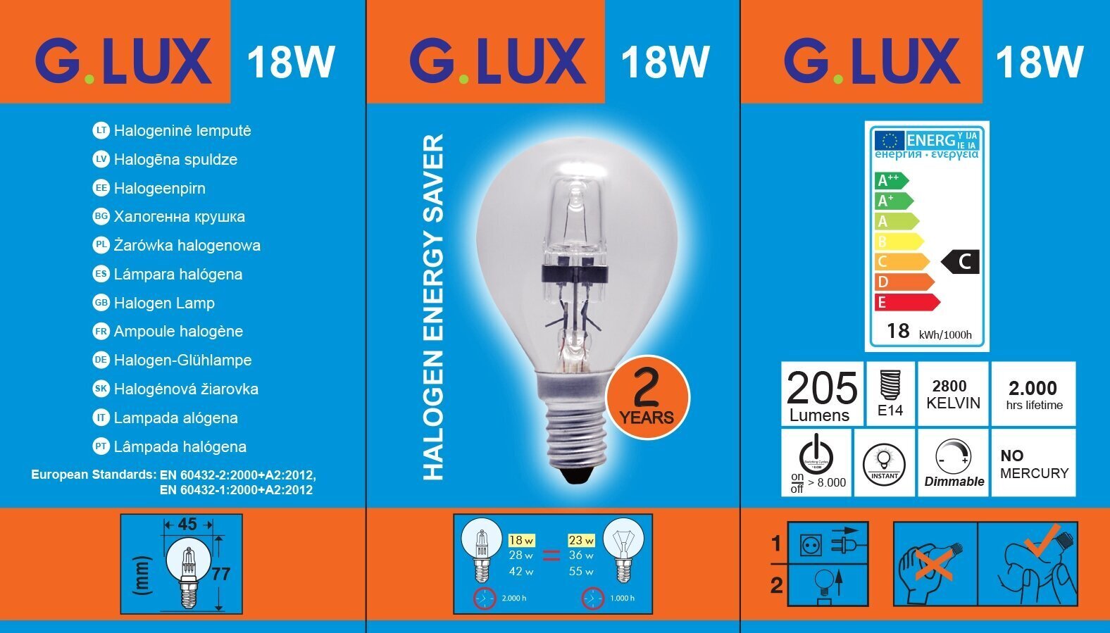 Halogeninė lemputė G.LUX G45 E14, 18W, 10 vnt pakuotė kaina ir informacija | Elektros lemputės | pigu.lt