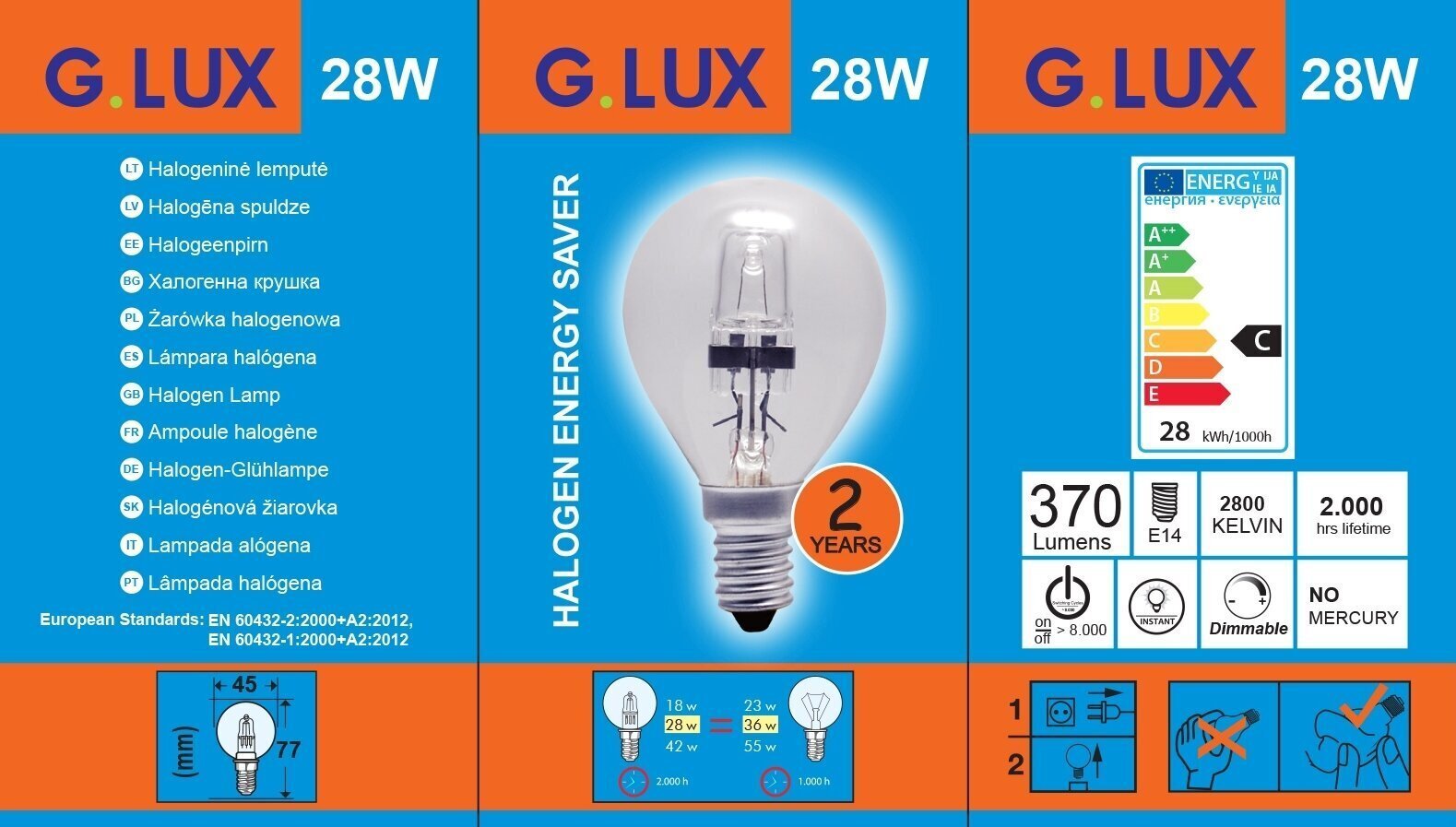 Halogeninė lemputė G.LUX G45 E14, 28W, 10 vnt pakuotė kaina ir informacija | Elektros lemputės | pigu.lt