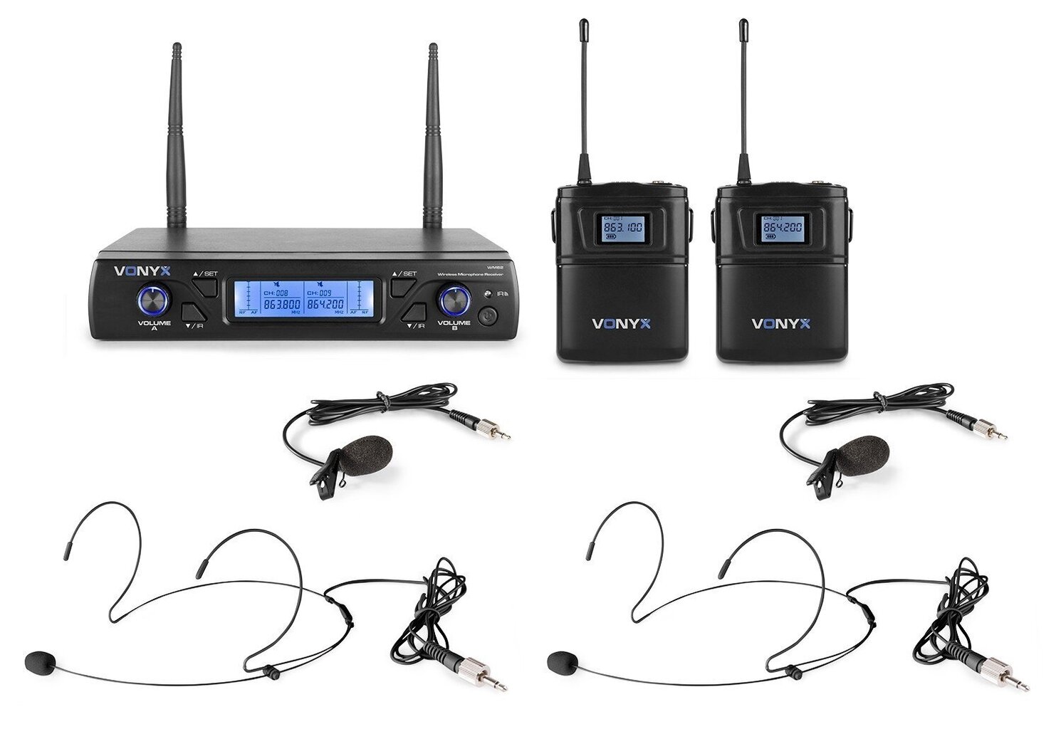 VONYX WM62B UHF 16-kanalų bevielių mikrofonų komplektas su 2 siųstuvais kaina ir informacija | Mikrofonai | pigu.lt