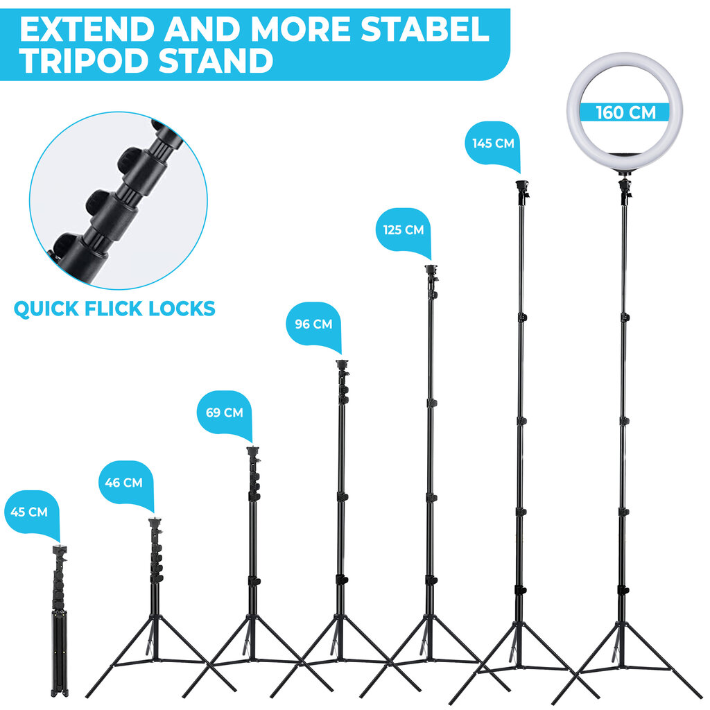 Žiedinė LED lempa Goapa Led Ring light su trikoju stovu 160 cm, dviems telefono laikikliais ir Bluetooth valdymo pulteliu kaina ir informacija | Fotografijos apšvietimo įranga | pigu.lt