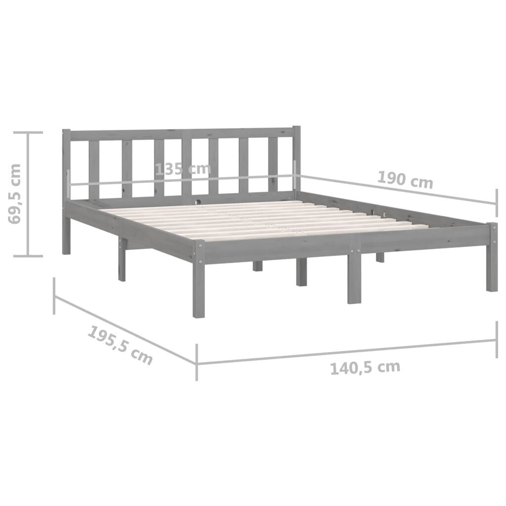 Lovos rėmas vidaXL, pilkas, 135x190cm, pušies masyvas, dvivietis kaina ir informacija | Lovos | pigu.lt