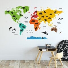 наклейка на стену с красочной картой мира с животными XXL цена и информация | Интерьерные наклейки | pigu.lt