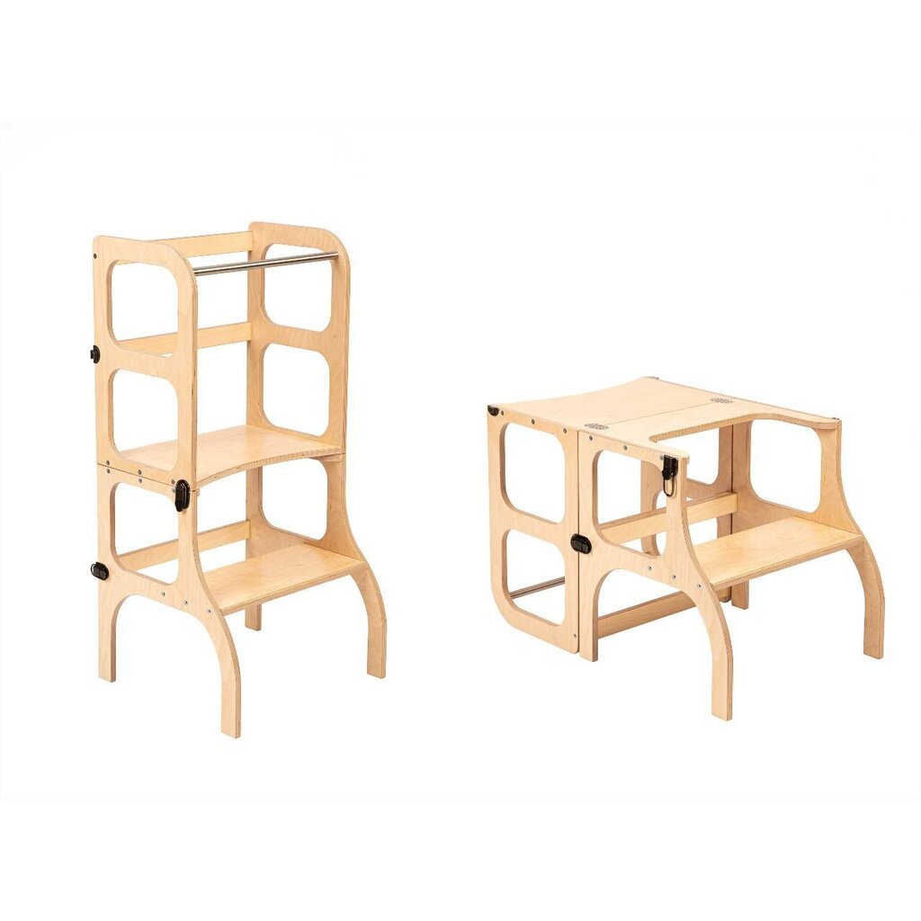 Mediniai pagalbiniai laipteliai – staliukas, natūralaus medžio spalvos su žalvario spalvos segtukais 4IQ kaina ir informacija | Vaikiškos kėdutės ir staliukai | pigu.lt
