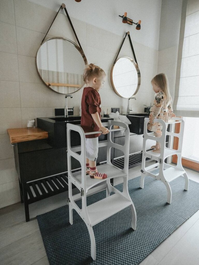 Mediniai pagalbiniai laipteliai – staliukas, pilkas su sidabro spalvos segtukais 4IQ kaina ir informacija | Vaikiškos kėdutės ir staliukai | pigu.lt