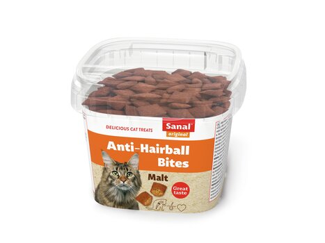 Sanal Anti-Hairball Bites cup papildas nuo sąvėlų katėms 75g kaina ir informacija | Skanėstai katėms | pigu.lt