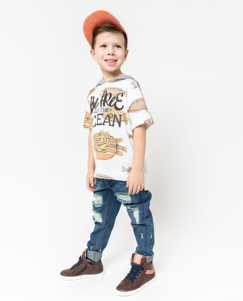 Marškinėliai su gobtuvu trumpomis rankovėmis berniukams Gulliver, balti kaina ir informacija | Marškinėliai berniukams | pigu.lt