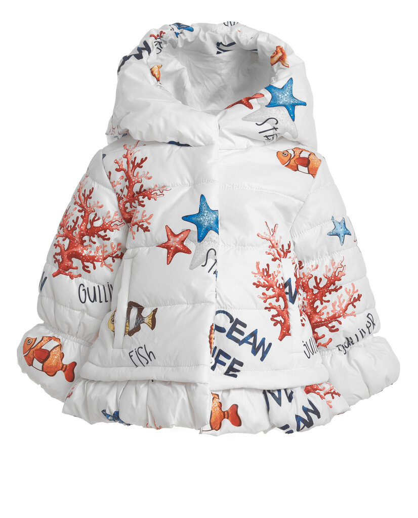 Baltas paltas mergaitėms su ornamentu „Vandenyno gyventojai“ Gulliver 92 cm цена и информация | Striukės, paltai mergaitėms | pigu.lt