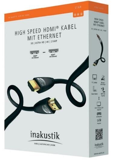 Kabelis HDMI-HDMI kištukai 0.75m (HDMI 2.0) juodas, inakustik STAR цена и информация | Kabeliai ir laidai | pigu.lt