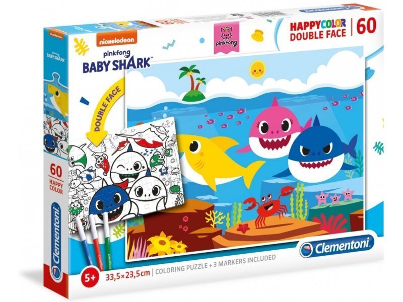 Dvipusė dėlionė Clementoni Baby Shark, 60 d. kaina ir informacija | Dėlionės (puzzle) | pigu.lt