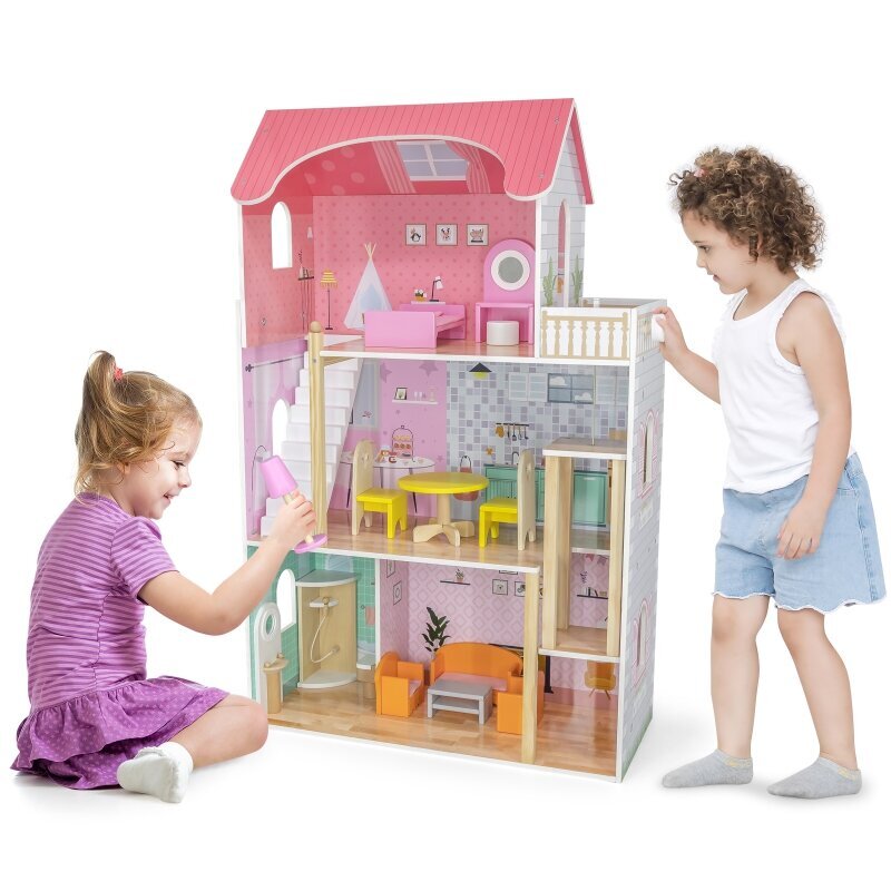 Didelis medinis 3-jų aukštų lėlių namas su baldais Viga kaina ir informacija | Žaislai mergaitėms | pigu.lt