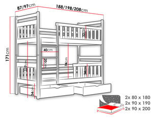 Dviaukštė lova Monika 90x190xm, balta kaina ir informacija | Vaikiškos lovos | pigu.lt