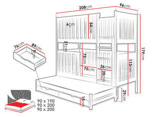 Dviaukštė trivietė lova Deosen 90x200cm, balta kaina ir informacija | Vaikiškos lovos | pigu.lt