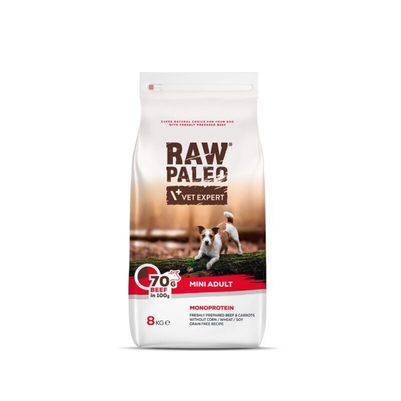 Raw Paleo sausas, begrūdis maistas mažų veislių šunims Adult Mini su jautiena, 8 kg kaina ir informacija | Sausas maistas šunims | pigu.lt