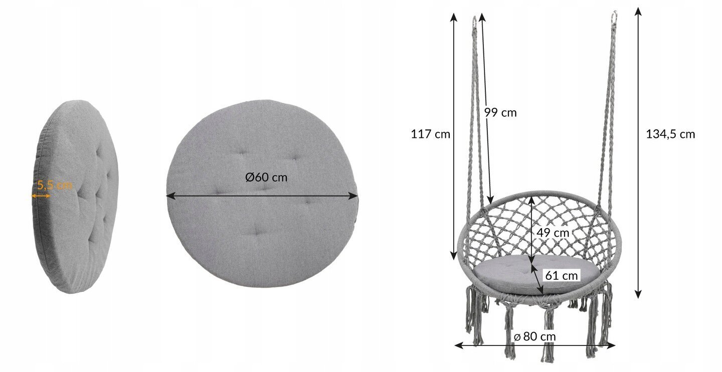 Sėdimo hamako pagalvėlės Boho, pilkas kaina ir informacija | Hamakai | pigu.lt