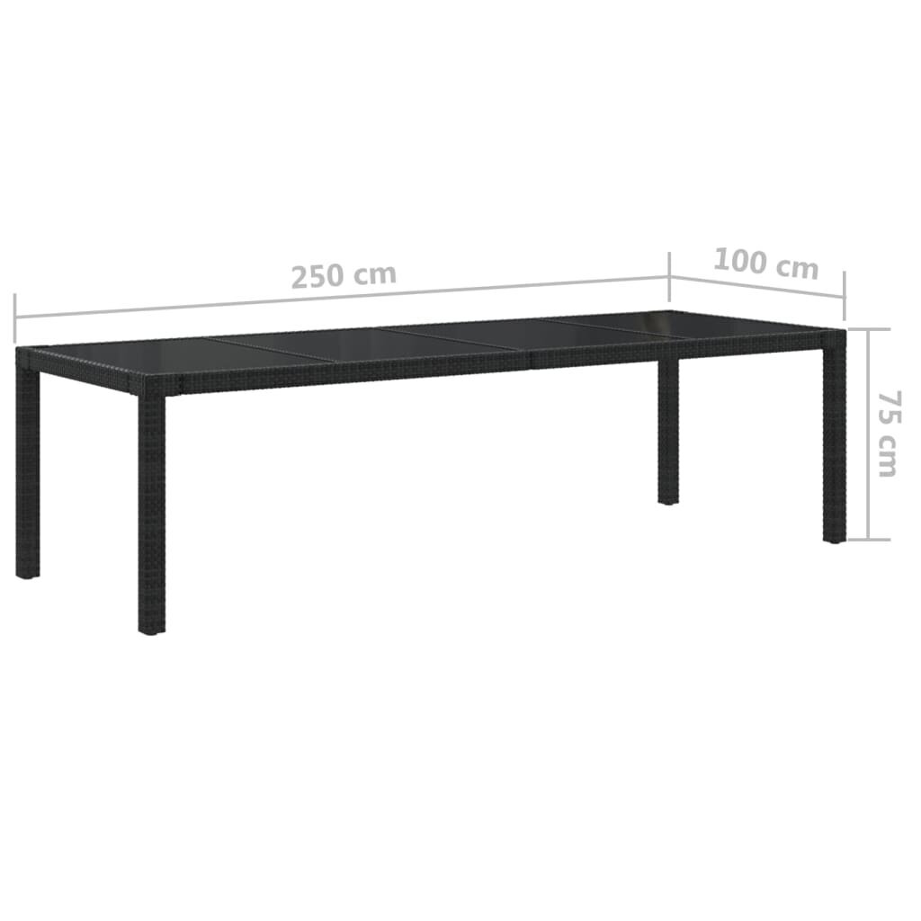 vidaXL Sodo stalas, juodas, 250x100x75cm, stiklas ir poliratanas kaina ir informacija | Lauko stalai, staliukai | pigu.lt