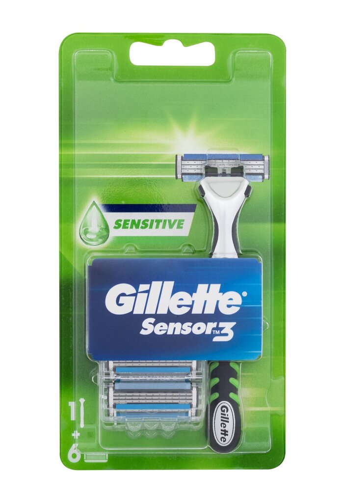 Rinkinys Gillette Sensor3 Sensitive: skustuvas, 1 vnt. + skutimosi galvutės, 6 vnt. kaina ir informacija | Skutimosi priemonės ir kosmetika | pigu.lt