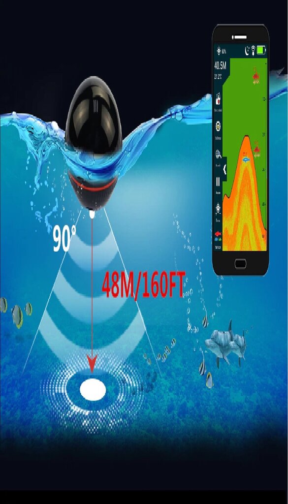 Sonaras, belaidis echolotas Fishfinder 48M / 160 pėdų gylio sonaras žvejybai kaina ir informacija | Išmanioji technika ir priedai | pigu.lt