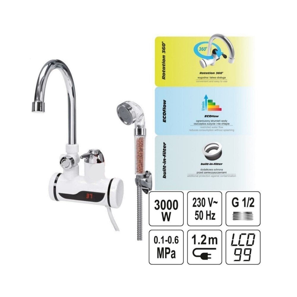 Elektrinis vandens šildytuvas/maišytuvas su dušu LCD KATLA4 kaina ir informacija | Vandens šildytuvai | pigu.lt