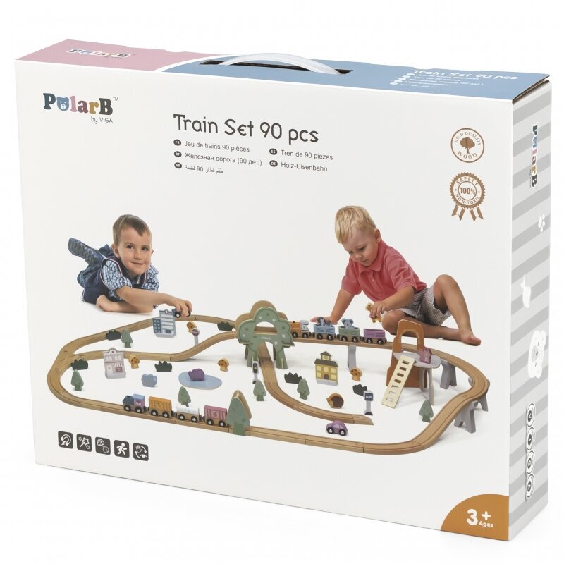 Žaislinė medinė traukinių trasa 90 detalių PolarB Viga kaina ir informacija | Žaislai berniukams | pigu.lt