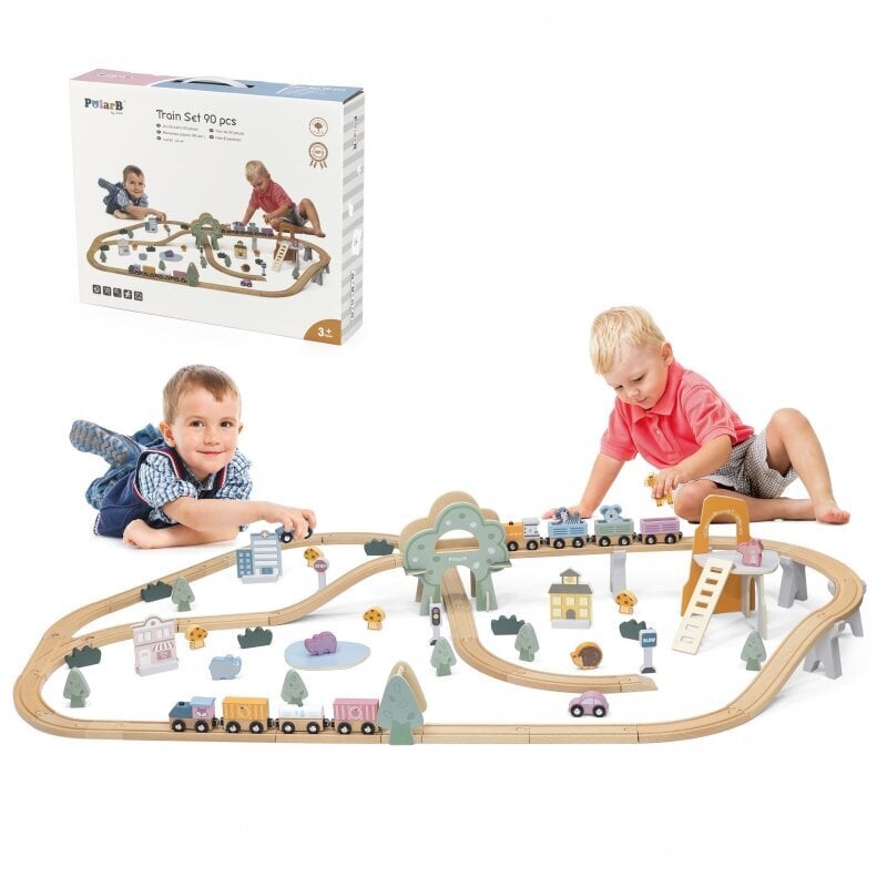Žaislinė medinė traukinių trasa 90 detalių PolarB Viga kaina ir informacija | Žaislai berniukams | pigu.lt