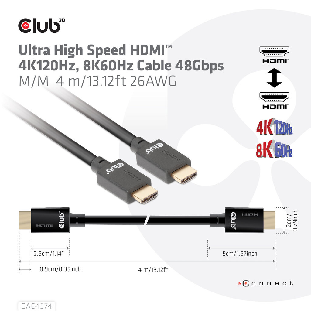 Club 3D CAC-1374, HDMI, 4 m kaina ir informacija | Kabeliai ir laidai | pigu.lt