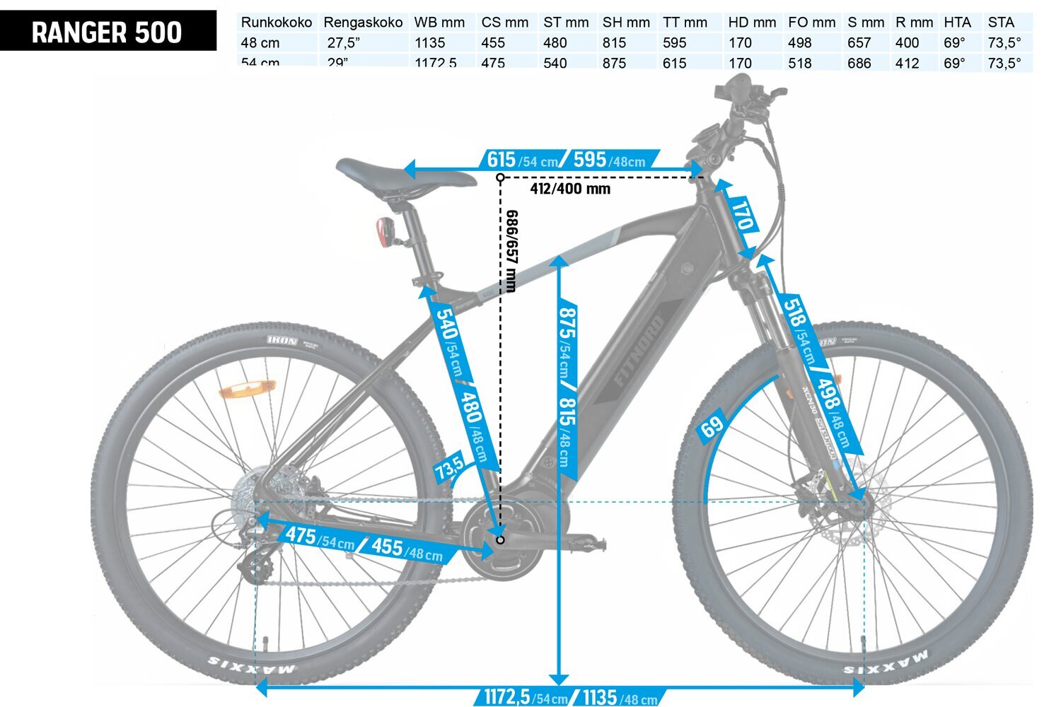 Elektrinis kalnų dviratis FitNord Ranger 500 (612 Wh galios baterija), 54 cm rėmas kaina ir informacija | Elektriniai dviračiai | pigu.lt