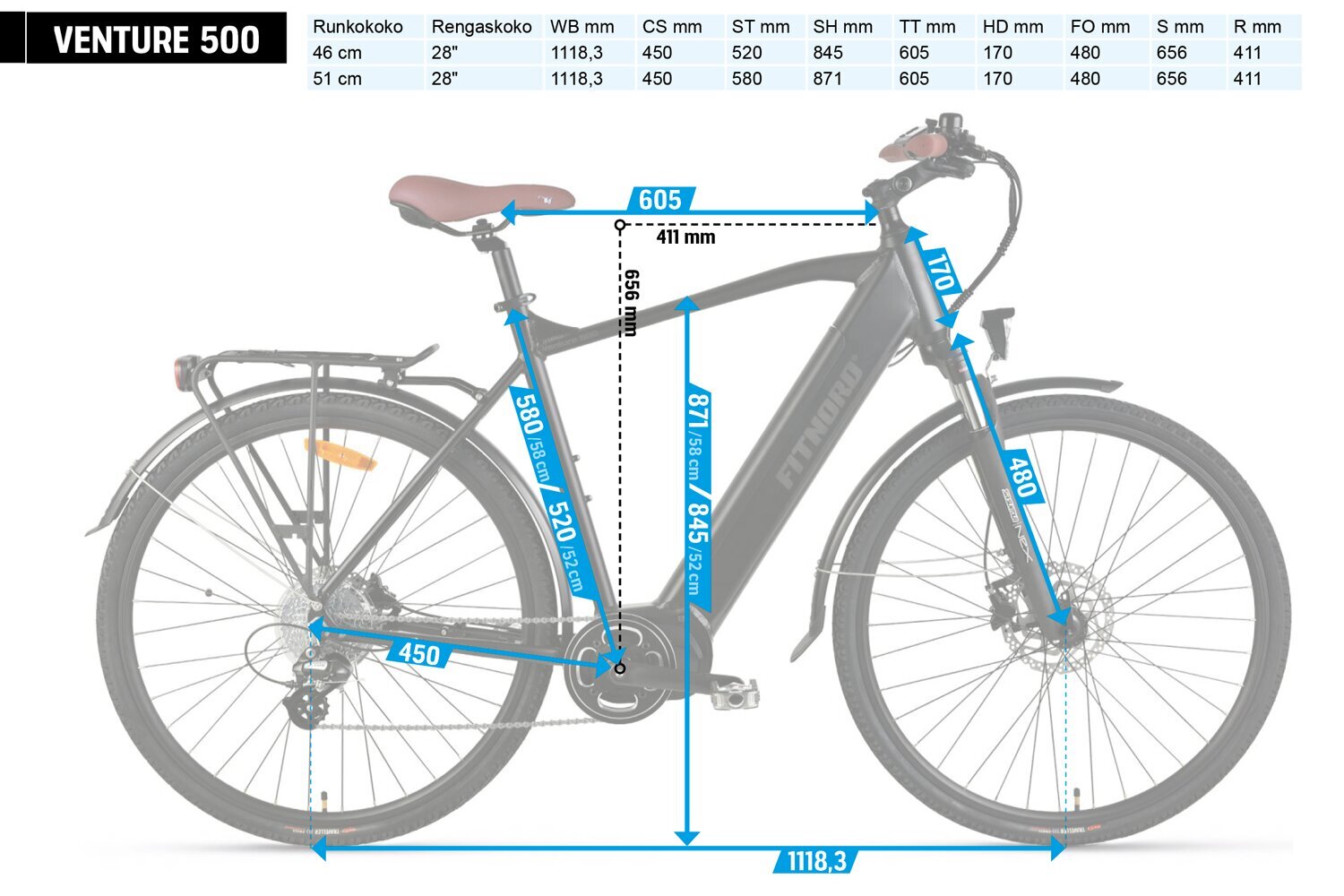 Elektrinis dviratis FitNord Venture 500 (612 Wh baterija), 52 cm rėmas kaina ir informacija | Elektriniai dviračiai | pigu.lt