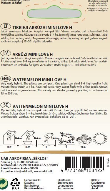 Tikrieji arbūzai Mini Love H kaina ir informacija | Daržovių, uogų sėklos | pigu.lt