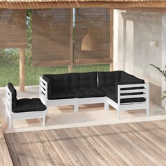vidaXL Sodo komplektas su pagalvėmis, 5 dalių, baltas, pušies mediena kaina ir informacija | Lauko baldų komplektai | pigu.lt