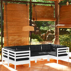 vidaXL Sodo komplektas su pagalvėmis, 6 dalių, baltas, pušies mediena kaina ir informacija | Lauko baldų komplektai | pigu.lt