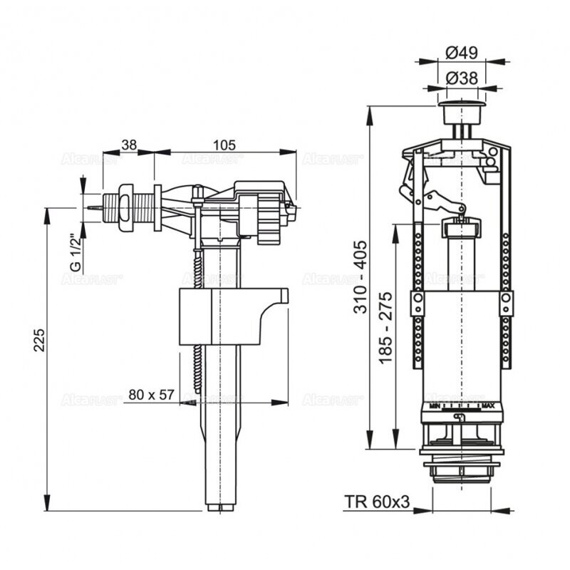 Pripildymo ir nuleidimo komplektas Alcaplast SA2000-1/2", šoninis цена и информация | Priedai unitazams, bidė | pigu.lt