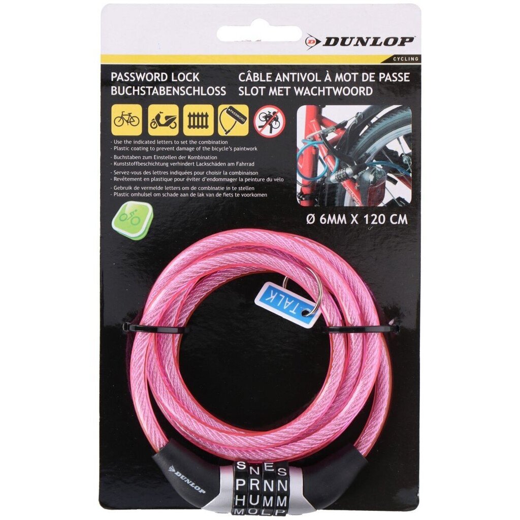 Dviračio spyna su kodu Dunlop, 0,6 x 120 cm, rožinė цена и информация | Užraktai dviračiams | pigu.lt