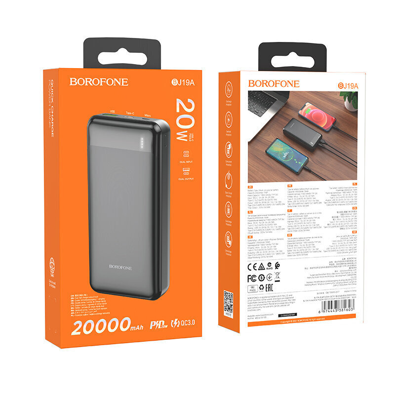 Išorinė baterija Power Bank Borofone BJ19A Type-C PD 20W+Quick Charge 3.0 20000mAh, juoda цена и информация | Atsarginiai maitinimo šaltiniai (power bank) | pigu.lt