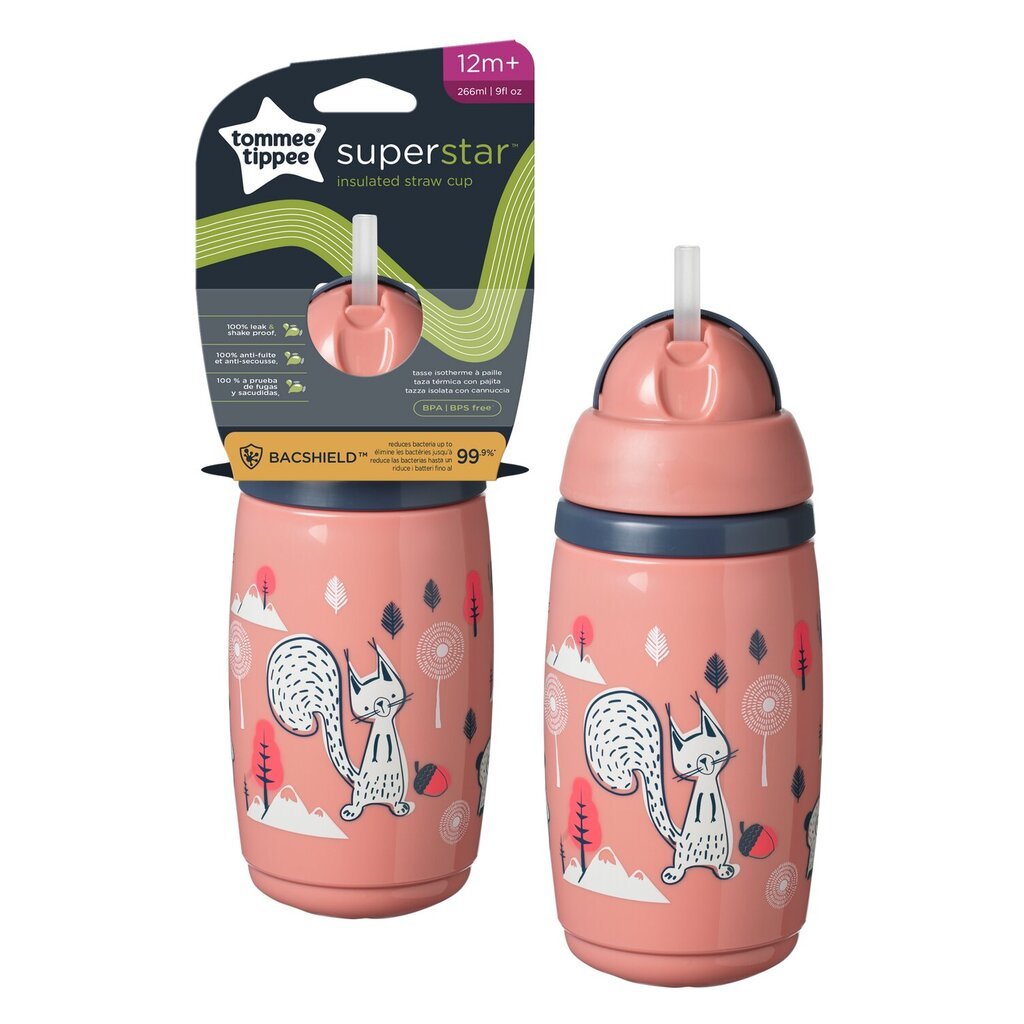 Gertuvė Tommee Tippee Insulated Straw rožinė, 12mėn+, 266 ml kaina ir informacija | Buteliukai kūdikiams ir jų priedai | pigu.lt