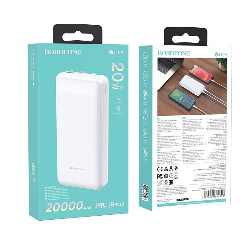 Išorinė baterija Power Bank Borofone BJ19A Type-C PD 20W+Quick Charge 3.0 20000mAh balta kaina ir informacija | Atsarginiai maitinimo šaltiniai (power bank) | pigu.lt