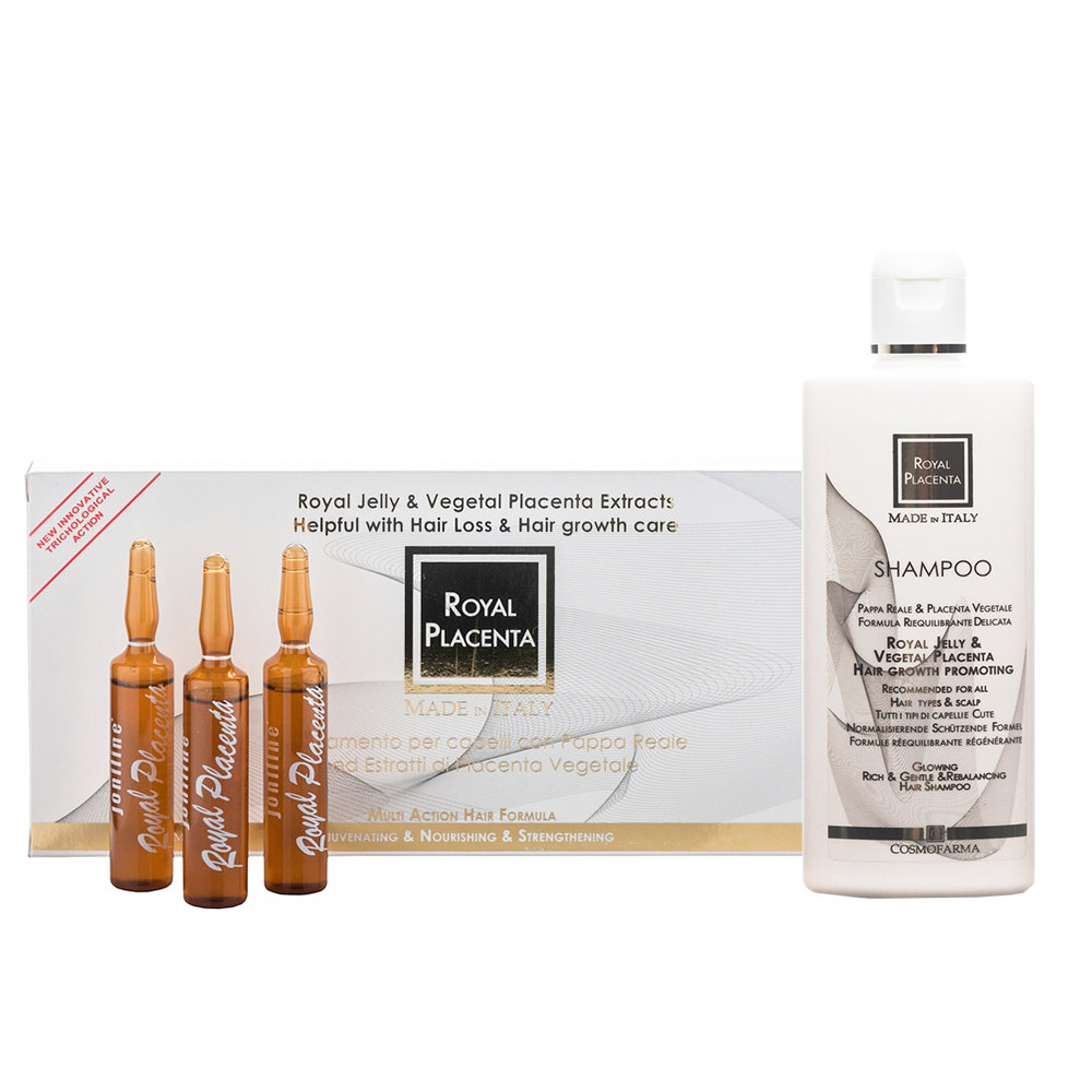 Plaukų slinkimą stabdantis rinkinys su augaline placenta Cosmofarma: šampūnas 250 ml + serumas 12x10 ml