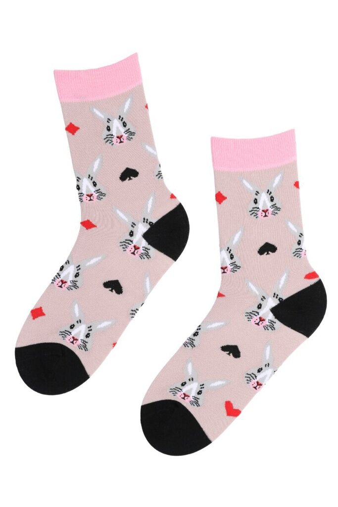 Medvilninės šviesiai rožinės spalvos kojinės su zuikio ir kortų piešiniu PLAY HARD kaina ir informacija | Moteriškos kojinės | pigu.lt