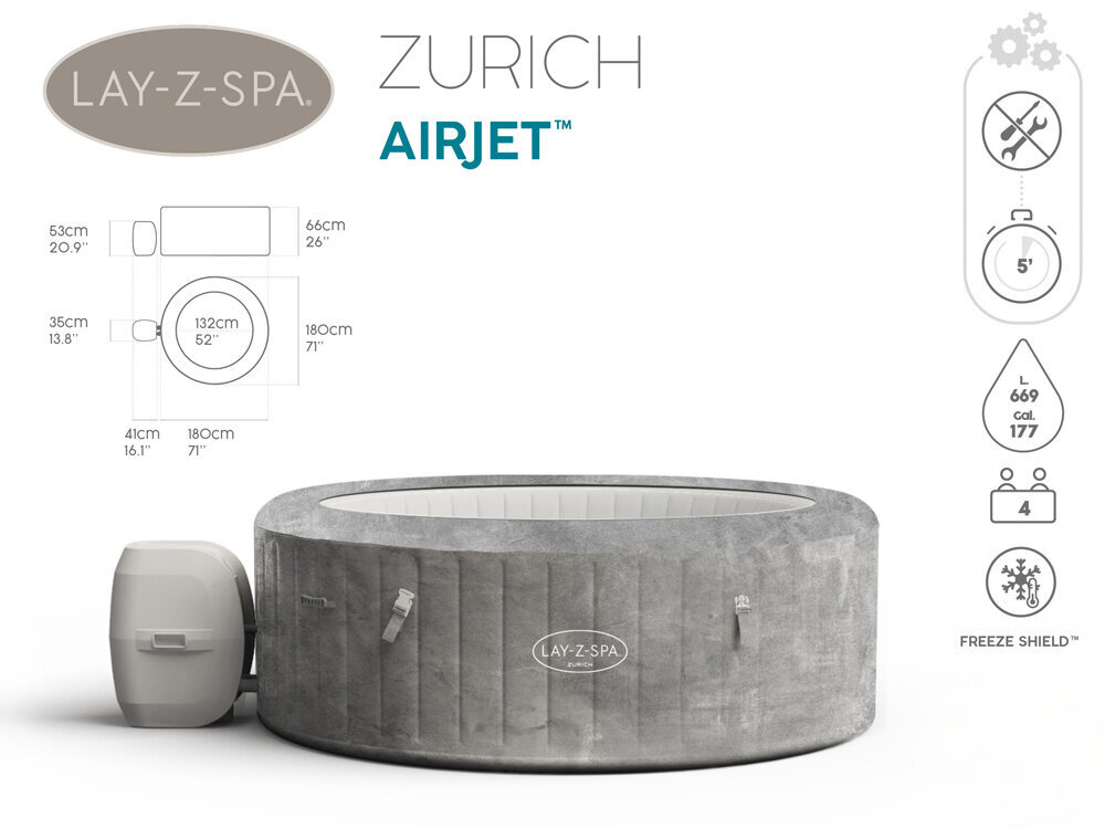 Bestway sūkurinė vonia Lay-Z-Spa Zurich, 2-4 asmenims цена и информация | Baseinai | pigu.lt