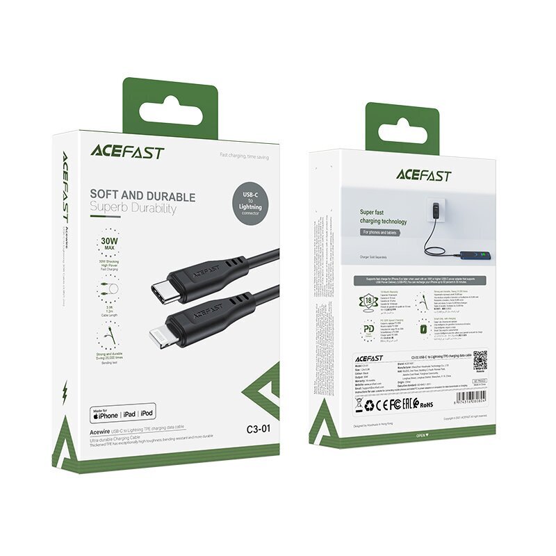 Acefast cable MFI USB Type C - Lightning 1.2m, 30W, 3A, juodas цена и информация | Laidai telefonams | pigu.lt