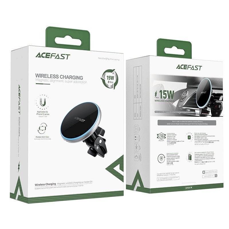 Acefast Qi Wireless automobilinis kroviklis su MagSafe 15W magnetiniu laikikliu, Juodas kaina ir informacija | Telefono laikikliai | pigu.lt