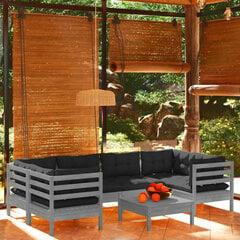 Sodo komplektas su pagalvėmis, 7 dalių, pilkas, pušies mediena kaina ir informacija | Lauko baldų komplektai | pigu.lt