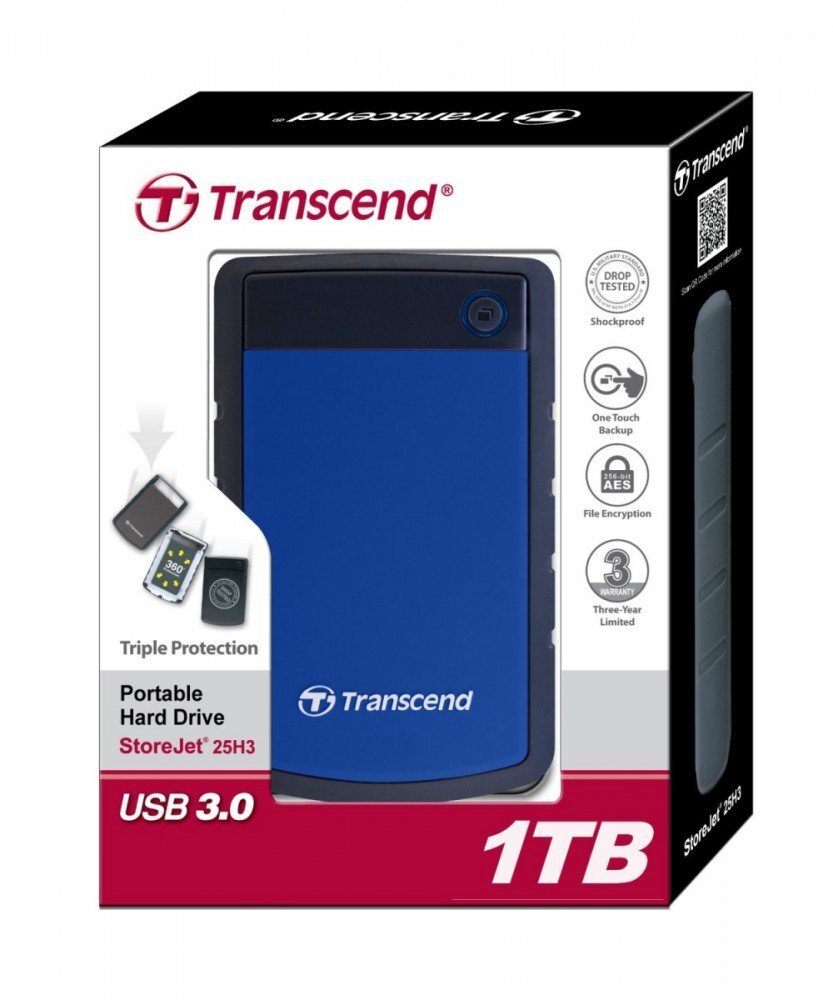 Transcend StoreJet 25H3 1TB 2,5" USB 3.0 kaina ir informacija | Išoriniai kietieji diskai (SSD, HDD) | pigu.lt