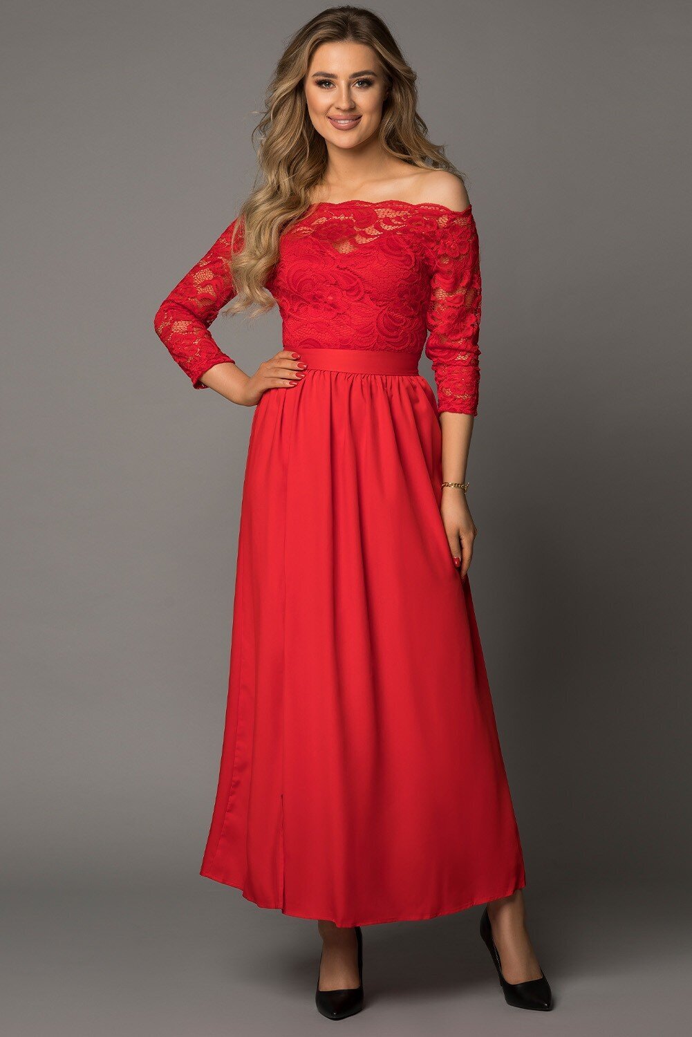 Ilga vakarinė suknelė su nėriniais ir iškirpte LC616084-3, raudona kaina |  pigu.lt