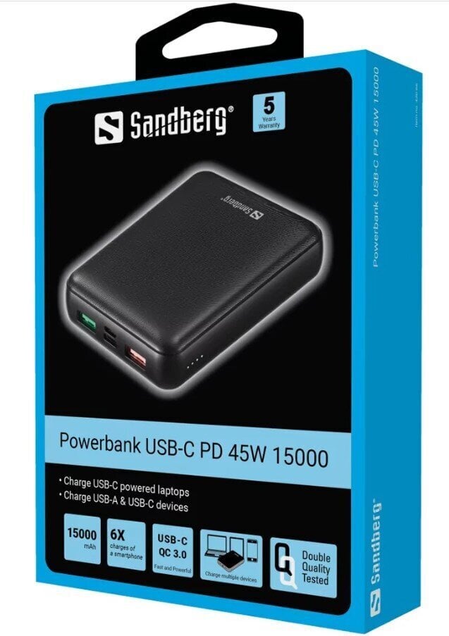 Sandberg 420-66, 15000 mAh kaina ir informacija | Atsarginiai maitinimo šaltiniai (power bank) | pigu.lt