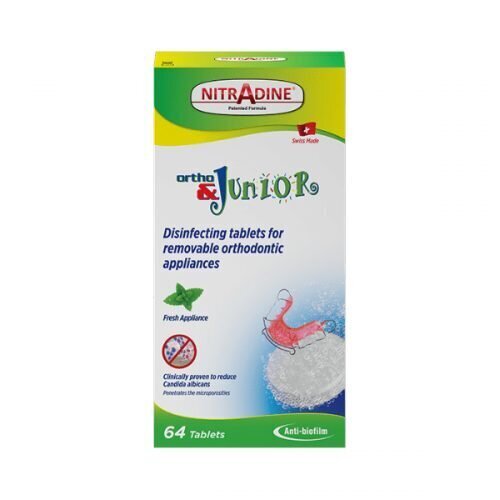 Dezinfekuojančios tabletės ortodontiniams prietaisams NitrAdine, 64 vnt. kaina ir informacija | Dantų šepetėliai, pastos | pigu.lt