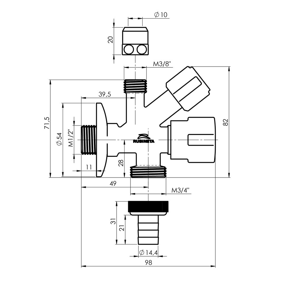 Ventilis M1/2”XM3/4”XM3/8X10” Rubineta kaina ir informacija | Santechnikos jungtys, ventiliai | pigu.lt